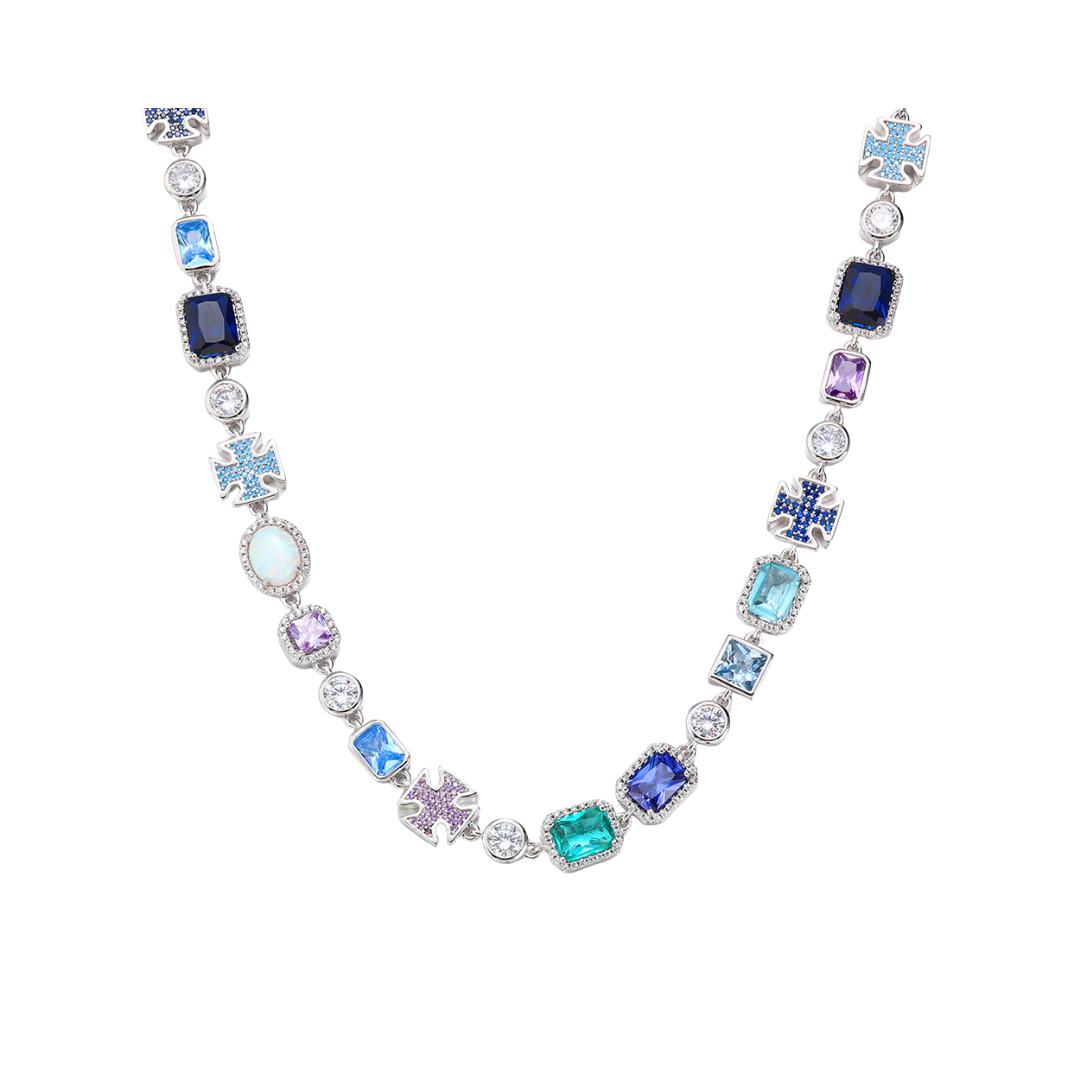 BLUE MULTI GEMSTONE MOTIF CHAIN IN WHITE GOLD